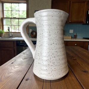 Artisan-made speckled cream pottery pitcher vase, Rustic Cottagecore